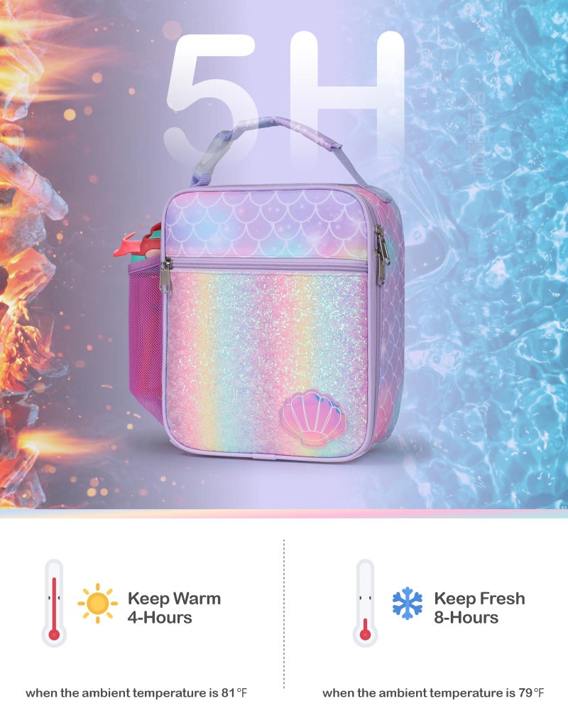 Bagseri Kids Lunch Box Insulated - Lunch Box Bag for Girls, Portable Reusable Toddler Lunch Cooler Bag for School, Water-resistant Lining (Purple, Glitter Mermaid Scale) - Image 3